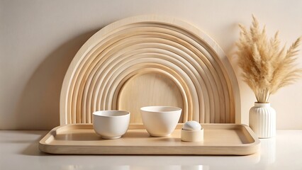 Obraz premium Serene Minimalist Home Decor: Wooden Trays, Ceramic Bowls, Pampas Grass, Neutral Tones.
