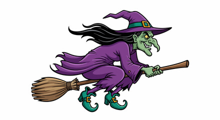 A classic cartoon witch with green skin, a purple robe, and a pointy hat, flying on her broomstick with a wicked grin.