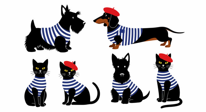 A charming collection of French-style cats and dogs in striped shirts and red berets.