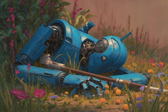 Blue humanoid robot warrior lying broken in a meadow, its mechanical arm clutching a warhammer amid tall grass and pink flowers in a tranquil natural setting
