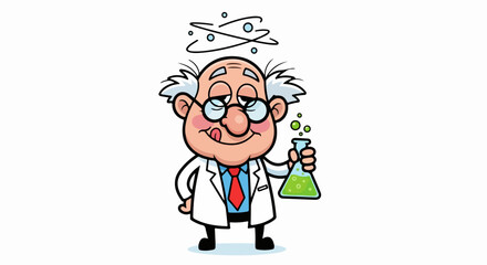 Dizzy cartoon mad scientist with white hair holding a bubbling green chemical flask.