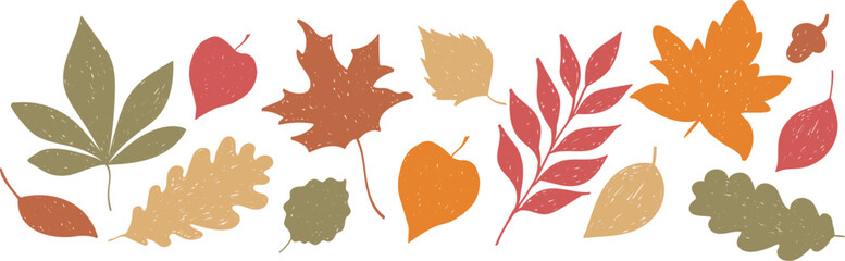 Obraz premium Hand drawn autumn leaves collection with pencil texture, set of leaves silhouettes