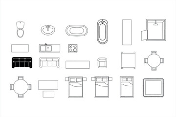 Collection of top view furniture and bathroom fixtures line art icons toilet sink
