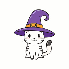 drawn halloween cat at black witch hat icon in doodle style. Mark point icon design collection for halloween design element