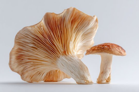 Two mushrooms, one large fan-shaped with pale orange gills, the other smaller, brown-capped, and stem-like, are presented against a plain white backdrop