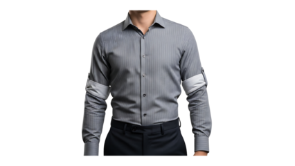 Torso of a professional man in a stylish grey button-down shirt isolated on white
