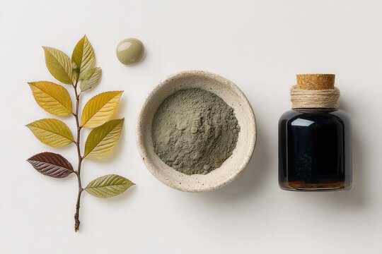 Flatlay of a small bowl of grey-green powder, a small bottle of dark liquid, a dab of paste, and an autumnal branch on a white background