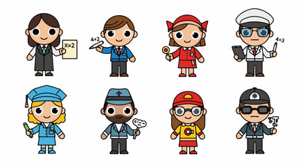 Obraz premium Set of eight cute kawaii cartoon characters representing various professions and occupations.