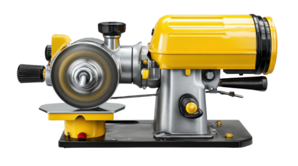 Industrial bench grinder with dual wheels and safety shield background isolated on a Transparent background, PNG file.