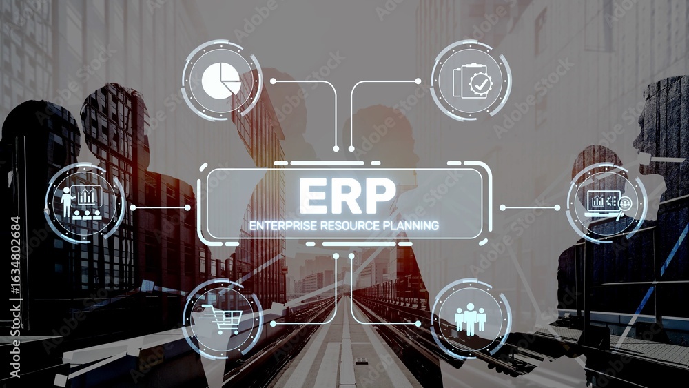 Poster erp platform visual showing centralized system for enterprise resource planning, improving integrati