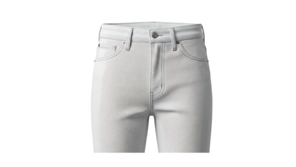 Front view of classic white denim jeans. Fashionable apparel concept isolated on white.