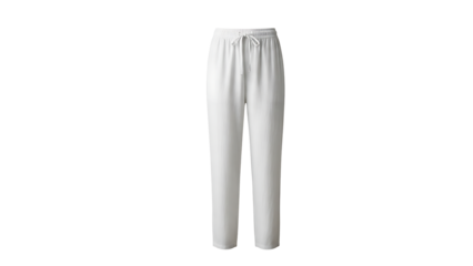 Elegant white casual trousers with a comfortable drawstring waist isolated on a white background