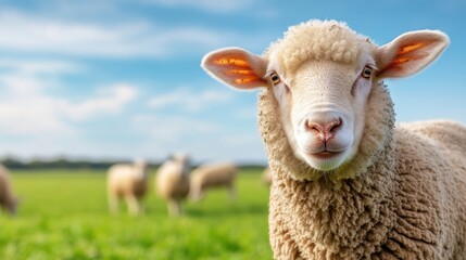 Obraz premium Cute Sheep in Green Pasture with Blue Sky and White Clouds in Background