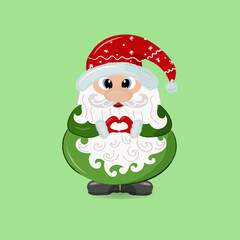 Santa with a long white beard and a red cap stands on a green background, holding his hands in the shape of a heart. For Christmas themes, sweet designs, packaging, holiday cards. Vector illustration.