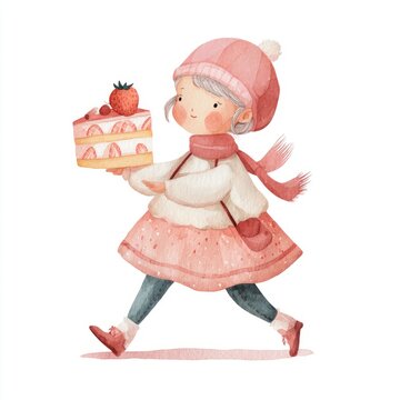 Whimsical illustration of a slice of vanilla strawberry cake walking upright with tiny boots and a joyful expression, anthropomorphic dessert character with strawberries and cream