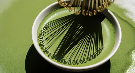 Matcha tea in bowl with whisk shadow, high angle