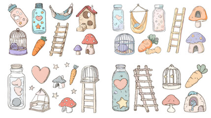 Adorable hand-drawn set of hamster and small pet accessories including cages, ladders, carrots, mushrooms, and cozy homes in a pastel watercolor style.