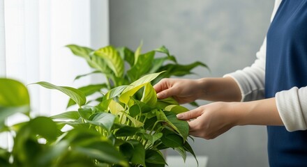 Woman tending to vibrant Golden Pothos plant indoors, soft natural light