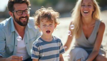 Joyful family moment with bubbles