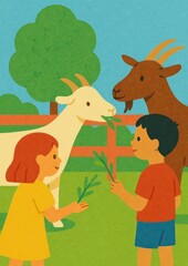 Naklejka premium Children feeding goats happily