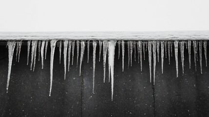Icicles hanging rooftop geometric winter still life in crisp black and white tones