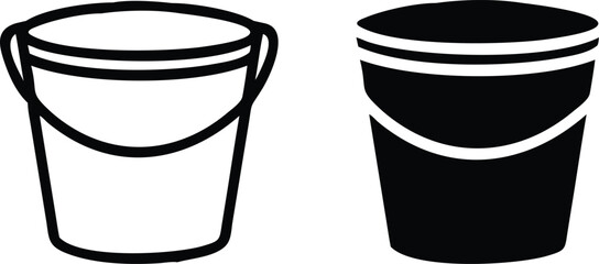 Bucket Icon Set Black White Outline Silhouette Vector Cleaning Container Illustration