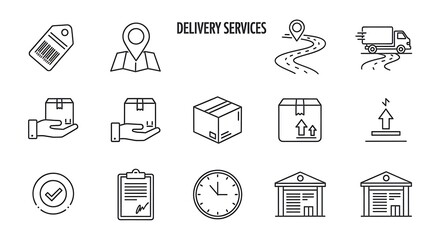 Vector Icons Depicting Delivery Services, Logistics, Shipping, and Package Transportation.