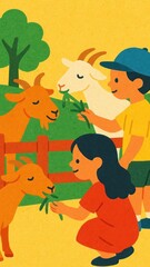 Children feeding goats illustration
