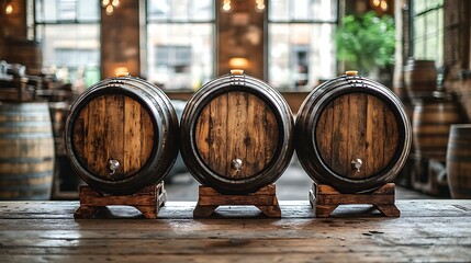 Three wooden barrels stand on a rustic wooden surface.