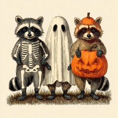 Three raccoons in skeleton, ghost and pumpkin costumes pose together for Halloween on a neutral beige background in a cute vintage cartoon illustration.