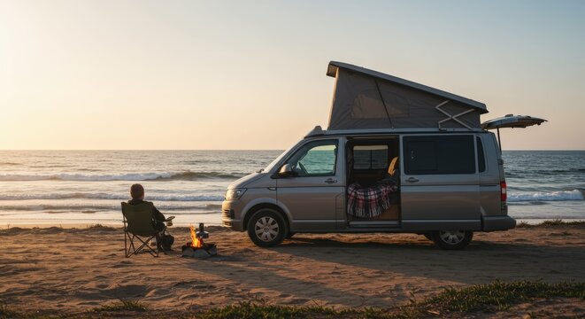 Camping by the beach in a camper van at sunset with a cozy fire