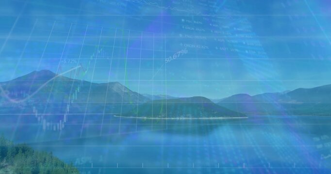 Starting panoramic alpine lake view, 3D grid emerging, pyramid rising, data charts building trend