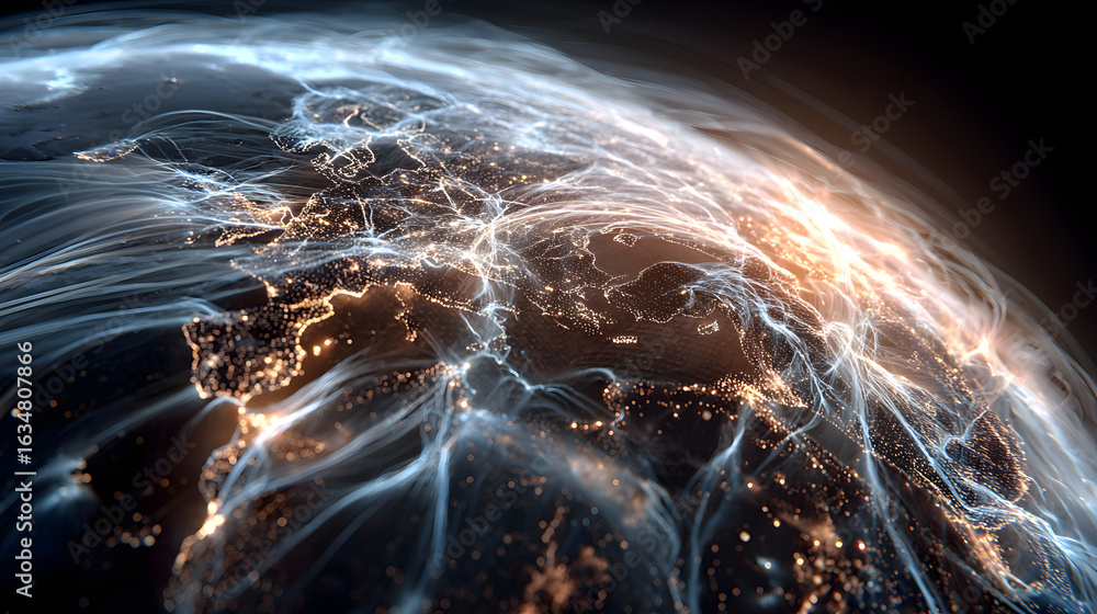 Poster futuristic digital globe with network grid and data streams representing global connectivity and tec