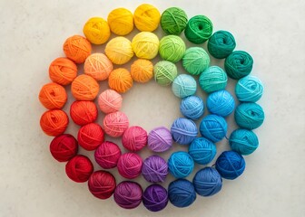 Colorful yarn balls arranged in a rainbow circle craft inspiration high resolution photo