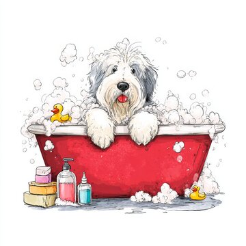 Playful Old English Sheepdog covered in foam leans over the edge of a red claw-foot bathtub with shampoo bottles and rubber ducks in a charming cartoon scene.