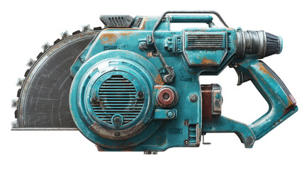 Industrial electric saw with large blade and cooling vents background isolated on a Transparent background, PNG file.