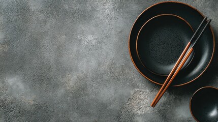 Dark plates and wooden chopsticks rest on a textured gray surface for food photography