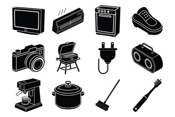 Collection of everyday household electrical appliances and devices for modern living