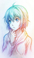 Fototapeta premium Penciled Anime Boy Portrait: Thoughtful Expression, Rainbow Hues, Soft Lighting, Dreamy Mood
