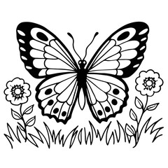 Black and white butterfly and flowers coloring page design