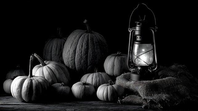 Lantern glowing beside pile of pumpkins warm seasonal black white still life with nostalgic feel