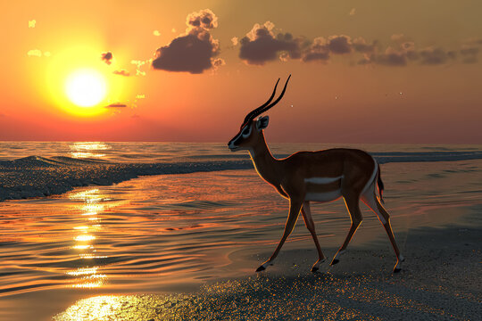 Antelope walking along the shoreline at sunset, with vibrant colors reflecting on the water, symbolizing the beauty of wildlife and nature conservation