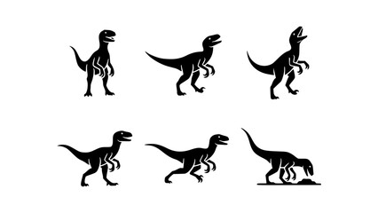 A series of stylized black velociraptor dinosaur silhouettes in various poses