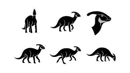 Fototapeta premium Silhouettes of various Parasaurolophus dinosaurs. A classic style illustration of this prehistoric herbivore
