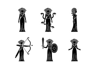 Medusa's iconic image in various poses, showcasing her powerful presence and unique style. A series of stunning silhouettes of the legendary Medusa, a woman with snakes for hair, with a bow and arrow.