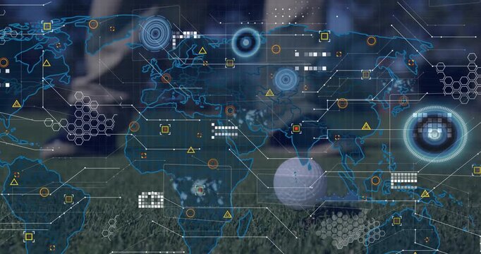Golfer positioning club behind ball and activating map data overlays for golf performance analytics - Powered by Adobe