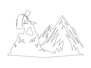 Climber on Mountain Summit Line Art