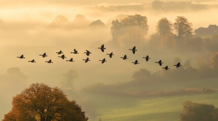 Geese in Flight over Misty Landscape