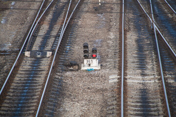 railway tracks. branching fork. switching of route on rails