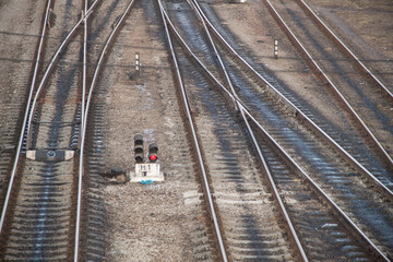 railway tracks. branching fork. switching of route on rails
